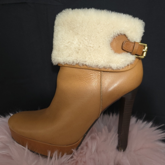 Coach Shearling Boots Apple Leather High Heel Luggage Brown Size 6.5 - Picture 4 of 13